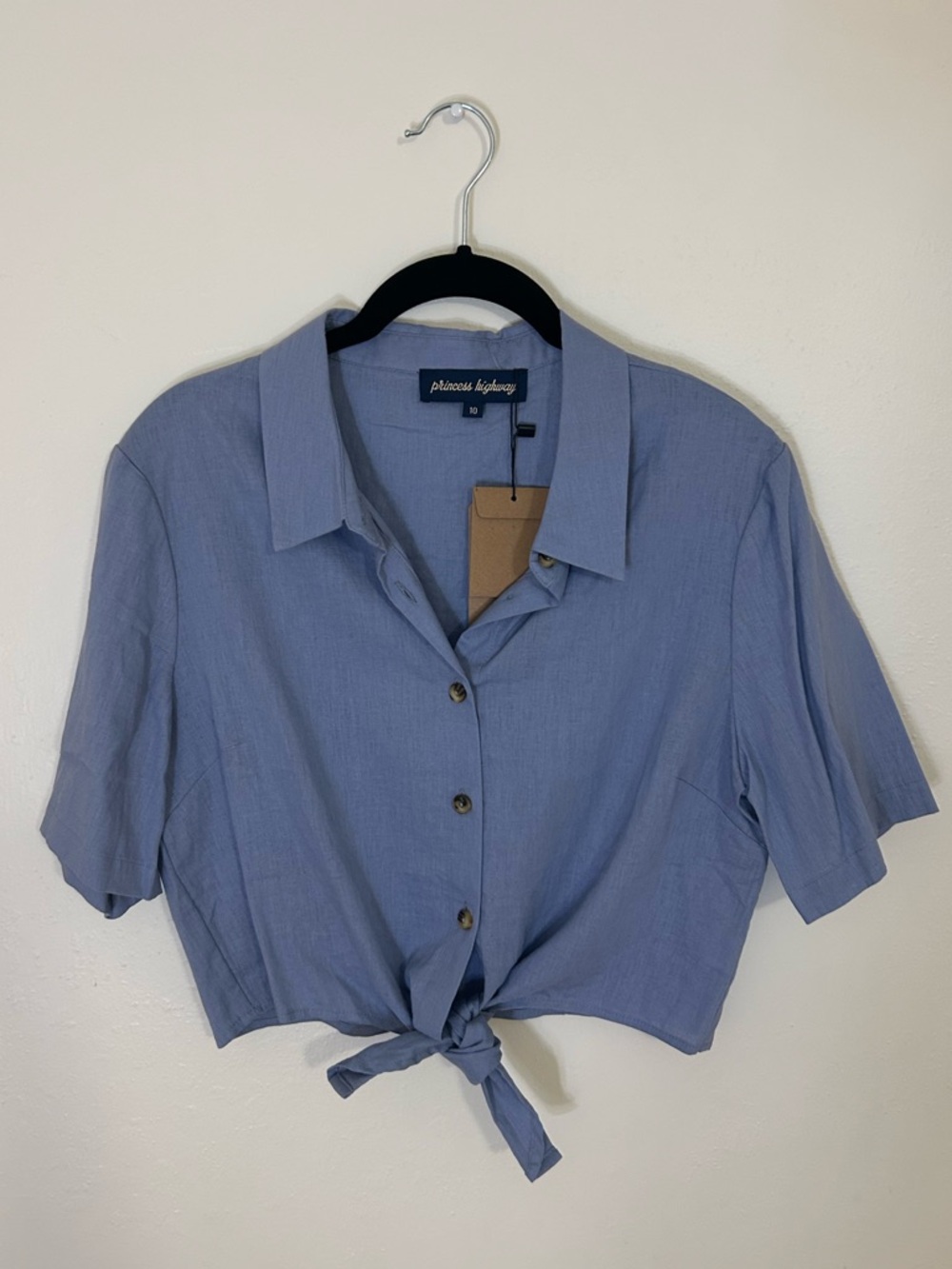 Princess Highway Blue Tie-Front Button Down Crop Shirt